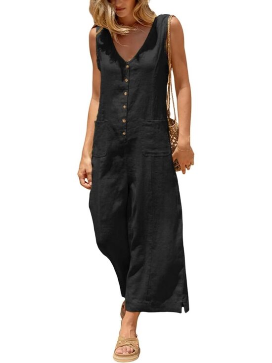 Pants - Women's Black Cotton Linen Sleeveless Casual Wide Leg Button Down Romper